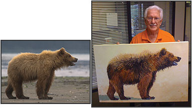 Vernon Dittenbir oil painting of bear sow at Hallo Bay, Alaska. Original photo by Stephen Oachs